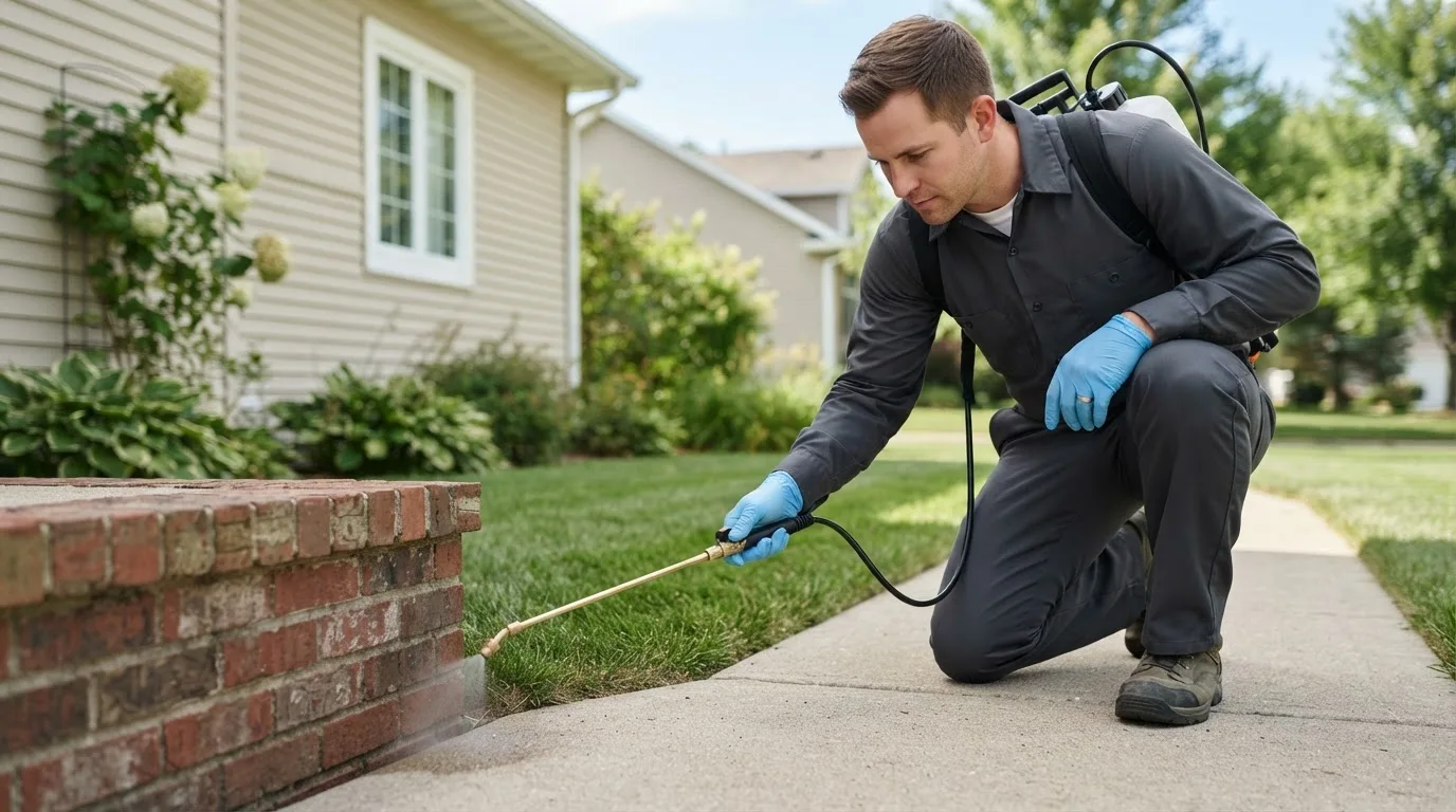 Pest control technician treating a home near Kendall, KS
